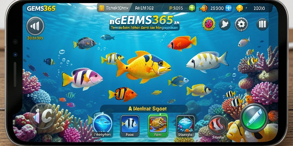 Gameplay seru dalam GEMS365 menembak ikan-ikan yang beragam.