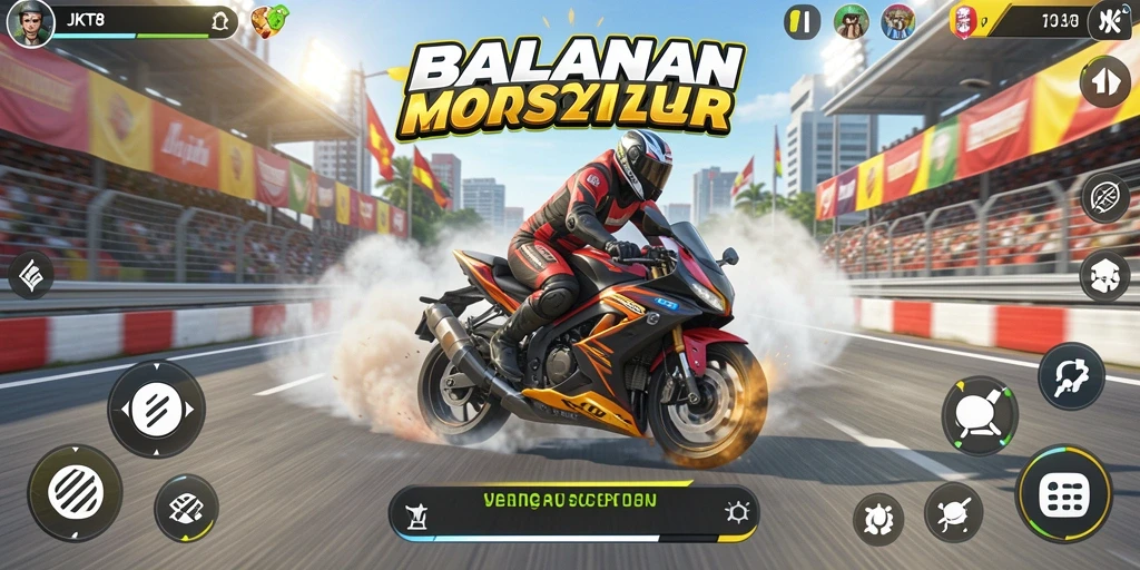 Screenshot gameplay menampilkan balapan motor yang mendebarkan dan grafis yang menawan.